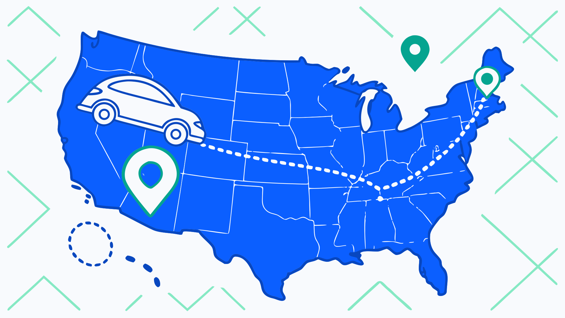 Flat illustration of a United States map with a car and a road